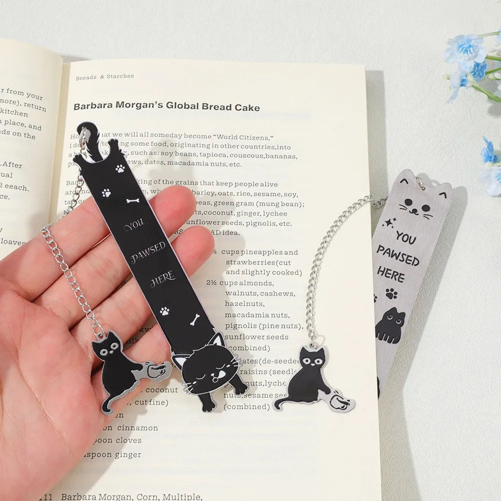 Cute Cat Metal Bookmarks with Chain, ‘You Pawsed Here’ Quote Page Markers, Whimsical Feline Stationery for Book & Cat Lovers