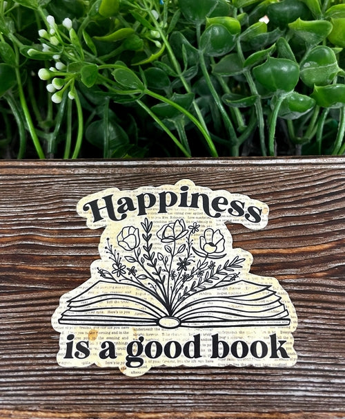 Happiness is a Good Book, Vintage Die Cut Sticker, Graphic Art